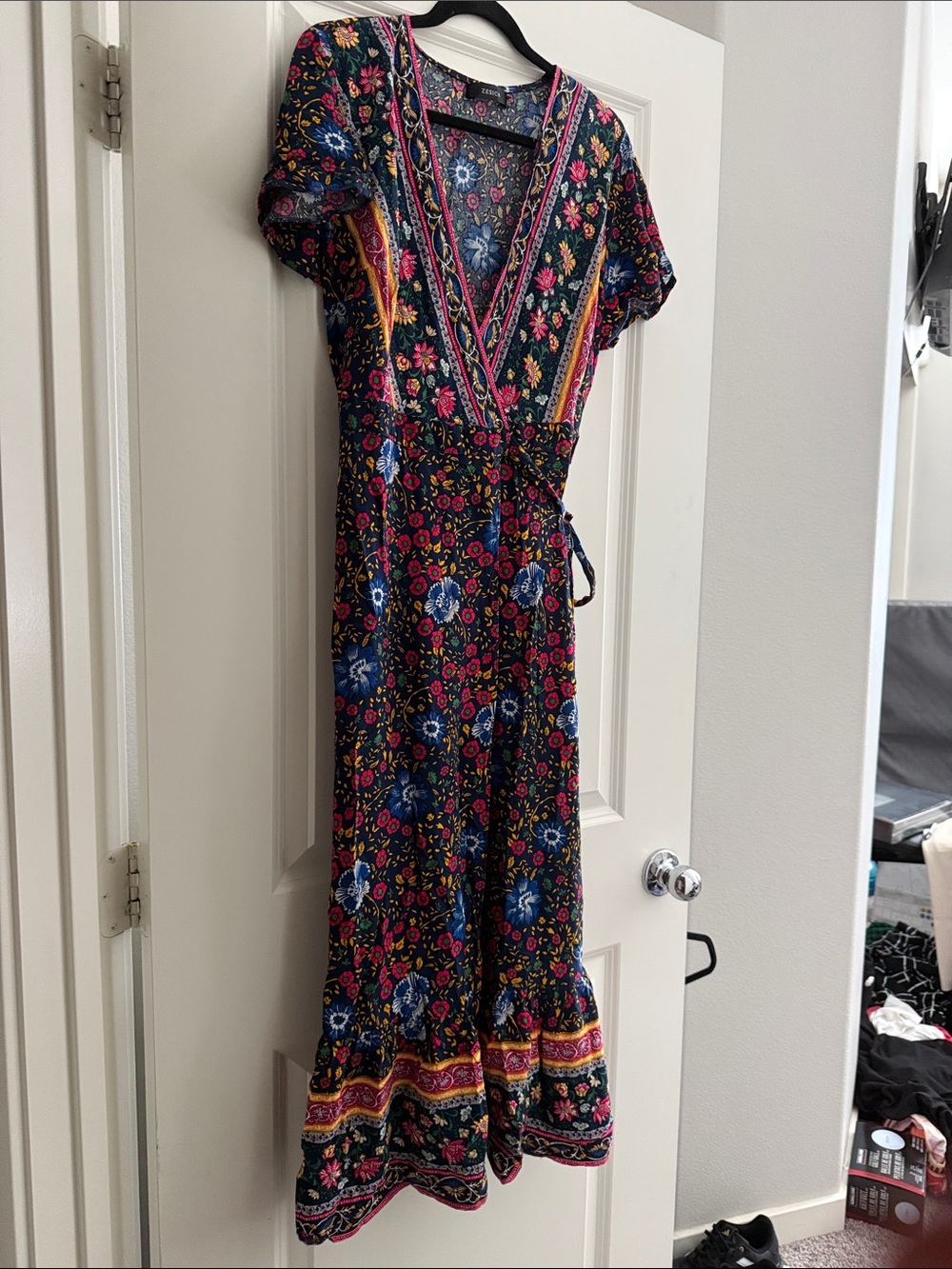 Floral Navy Wrap Maxi Dress with Pink Trim
